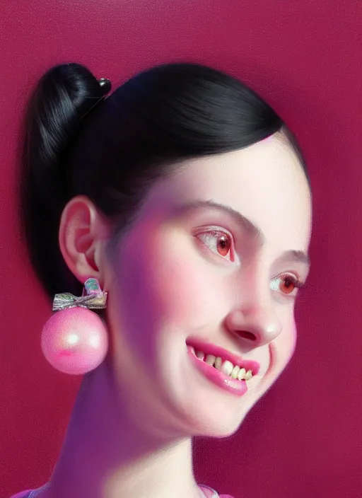 Image similar to portrait of teenage girl, realistic, black hair, bangs, half updo hairstyle, pointy nose, skinny, smile, ugly, defined jawline, big chin, pink hair bow, earrings, intricate, elegant, glowing lights, highly detailed, digital painting, artstation, sharp focus, illustration, art by wlop, mars ravelo and greg rutkowski