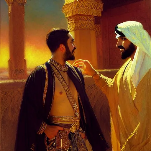 Image similar to attractive arab king confesses his love for his attractive male prince. highly detailed painting by gaston bussiere, craig mullins, j. c. leyendecker