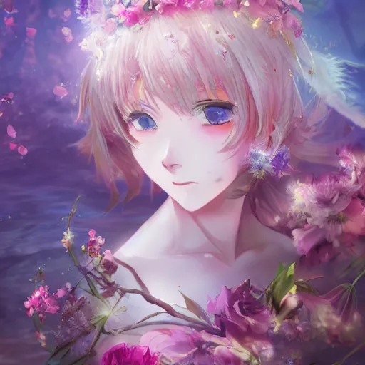 Image similar to Stunning Anime Goddess of the floral river flowers, misty, intricate, beautiful, artstation 8k, high resolution