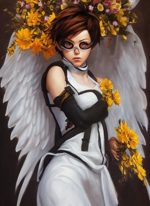 Prompt: full body oil painting of tracer overwatch in the style of sophie anderson, angel wings, white dress, dramatic painting, wearing black collar, symmetrical composition, ornate, high detail, gold, blooming, lights, flowers,