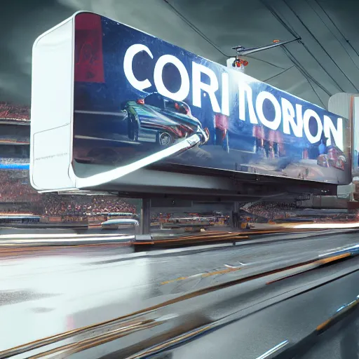 Image similar to car truck race sci-fi wall structure on the coronation of napoleon painting and digital billboard in the middle, unreal engine 5, keyshot, octane, artstation trending, ultra high detail, ultra realistic, cinematic, 8k, 16k, in style of zaha hadid, in plastic, dark, tilt shift,