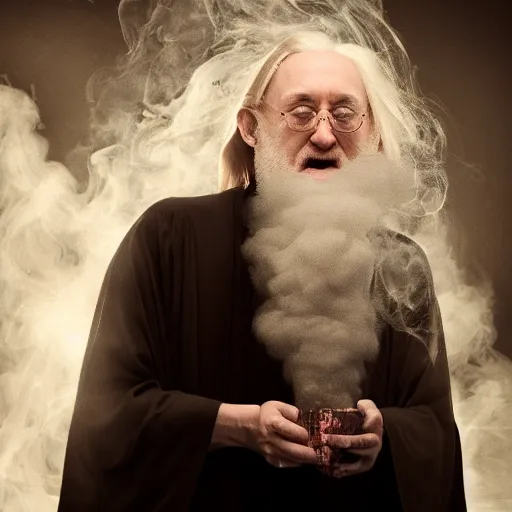 Image similar to a stoned dumbledore exhaling a huge smoke cloud, professional photography, featured on artstation