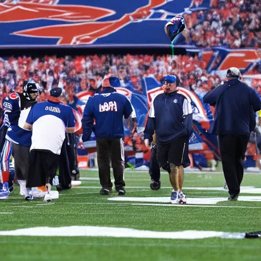 Prompt: The coach Belichick mothership attacking a football stadium