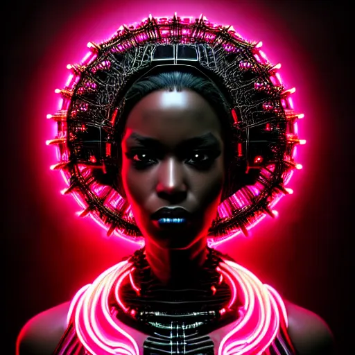 Image similar to portrait of an absurdly beautiful, graceful, sophisticated, fashionable black cyberpunk mechanoid gravure idol, hyperdetailed illustration by irakli nadar, maria borges, matt wisniewski style, intricate linework, dark black skin, neon jellyfish headdress, ivory carved ruff, unreal engine 5 highly rendered, global illumination, red light, detailed and intricate environment