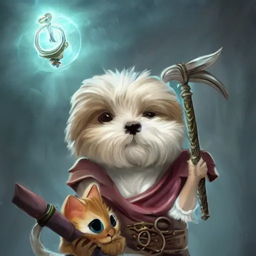 Prompt: cute little anthropomorphic Maltese Terrier and tabby cat, wielding a magic staff, tiny, small, short, Wizard robe, cute and adorable, pretty, beautiful, DnD character art portrait, matte fantasy painting, DeviantArt Artstation, by Jason Felix by Steve Argyle by Tyler Jacobson by Peter Mohrbacher, cinema