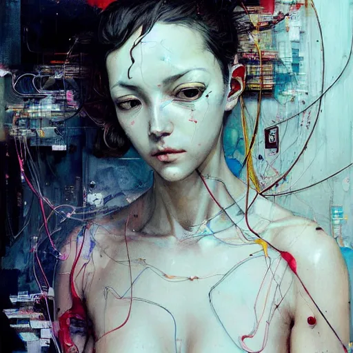 Image similar to young woman cyberpunk dreaming, wires cybernetic implants, in the style of adrian ghenie, esao andrews, jenny saville,, surrealism, dark art by james jean, takato yamamoto