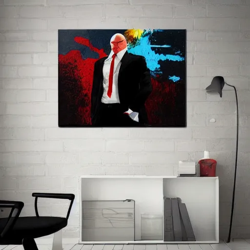 Image similar to agent 4 7 dropkicks man off top of wrestling cell, realist painting