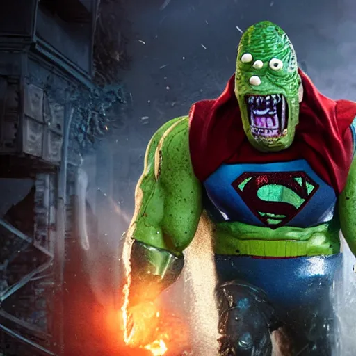 Image similar to pickle rick as superman! in gears of war, splash art, movie still, detailed face, photorealistic facial features, cinematic lighting, dramatic, octane render, long lens, shallow depth of field, bokeh, anamorphic lens flare, 8 k, hyper detailed, 3 5 mm film grain