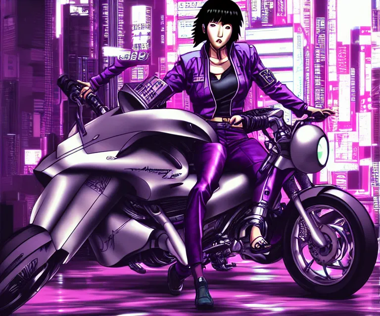 Image similar to motoko kusanagi riding a cyberpunk vehicle in a grungy cyberpunk megacity, bosozoku gang war, cyberpunk vaporwave, by phil jimenez, artgerm, sola digital arts, anti aliasing, raytracing