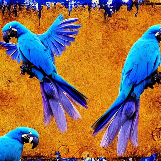 Image similar to blue parrots emerging from fluids mixing, atmospheric liquids, ornate intricate, hyper realistic, 16k, post processing, saturated blue colors, nature background