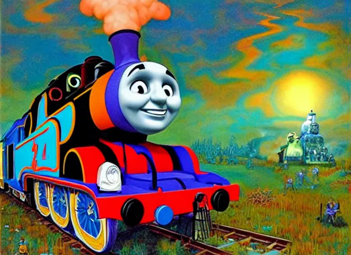 Prompt: psychedelic art of thomas the tank engine meeting god, in the style of michael whelan and james gurney and wayne barlowe