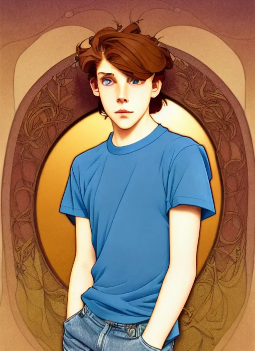 Image similar to art nouveau portrait of a teen boy with completely straight auburn hair, light blue eyes, pale skin, freckles, sad expression, t - shirt, modern casual clothing, natural lighting, path traced, highly detailed, high quality, cartoon, digital painting, by don bluth and ross tran and studio ghibli and alphonse mucha