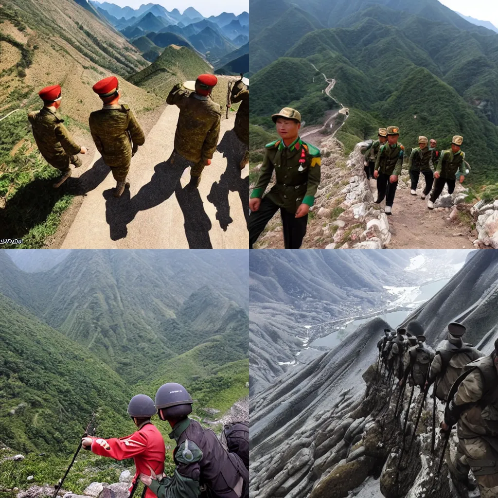 Prompt: very tired chinese soldiers walking on a mountain, first person pov