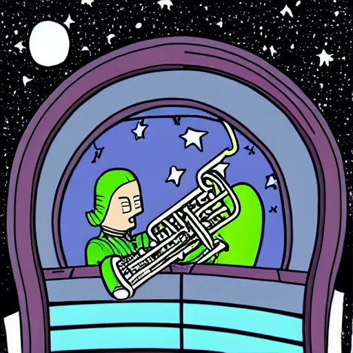 Image similar to aliens playing the trumpet inside a spaceship with windows showing a space full of tiny stars, as a bilal enki comic