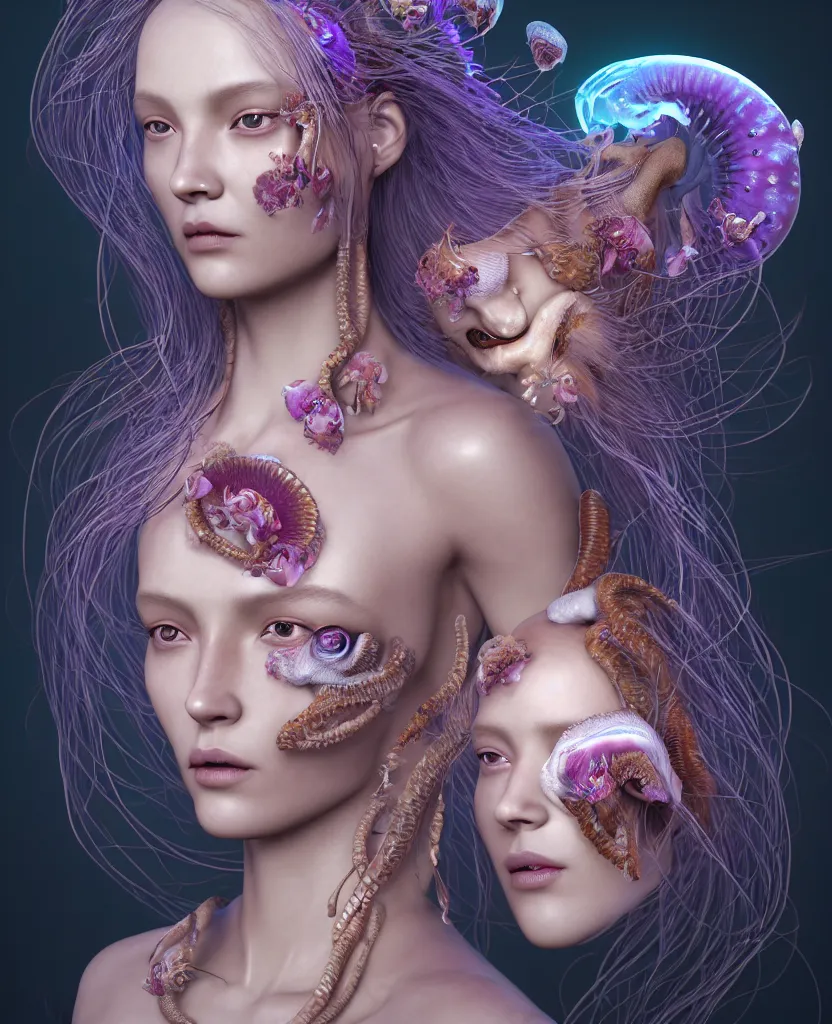 Image similar to goddess close-up portrait of princess face and ram skull. eyes. jellyfish phoenix head, nautilus, orchid, skull, betta fish, bioluminiscent creatures, intricate artwork by Tooth Wu and wlop and beeple. octane render, trending on artstation, greg rutkowski very coherent symmetrical artwork. cinematic, hyper realism, high detail, octane render, 8k