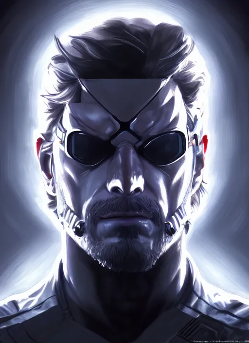 Image similar to symmetry!! portrait of solid snake, metal gear solid, tech wear, glowing lights!! intricate, elegant, highly detailed, digital painting, artstation, concept art, smooth, sharp focus, illustration, art by artgerm and greg rutkowski and alphonse mucha