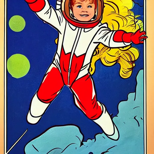 Image similar to a cute little boy with a mischievous face and short ginger hair. he is dressed as an astronaut. well composed, clean elegant painting, beautiful detailed face. comic book art by steve ditko and jack kirby and ( alphonse mucha )