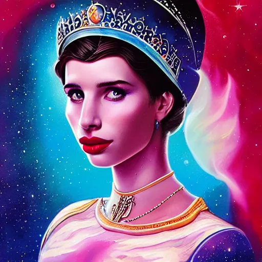 Image similar to cosmic portrait of Emma Roberts as queen, Pixar style, by Tristan Eaton Stanley Artgerm and Tom Bagshaw.