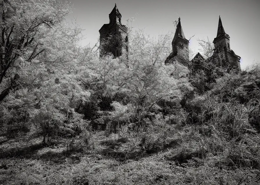 Image similar to abandoned cathedral with overgrown vegetation, vintage infrared photograph