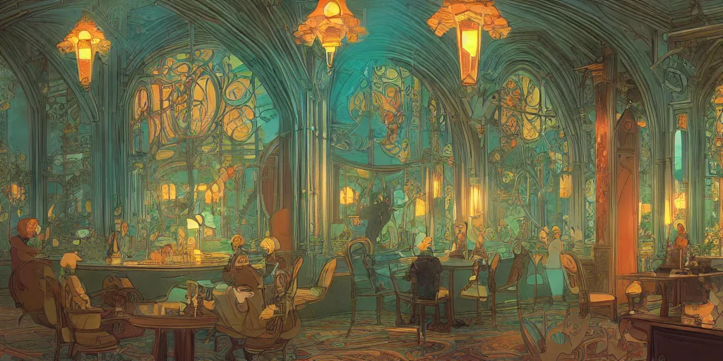 Prompt: an art nouveau decorated alchemy room, magical, bright, colorful, fantastic lighting, amazing details, 4 k uhd, illustration by hayao miyazaki and makoto shinkai and ilya kuvshinov, artstation, pixiv,