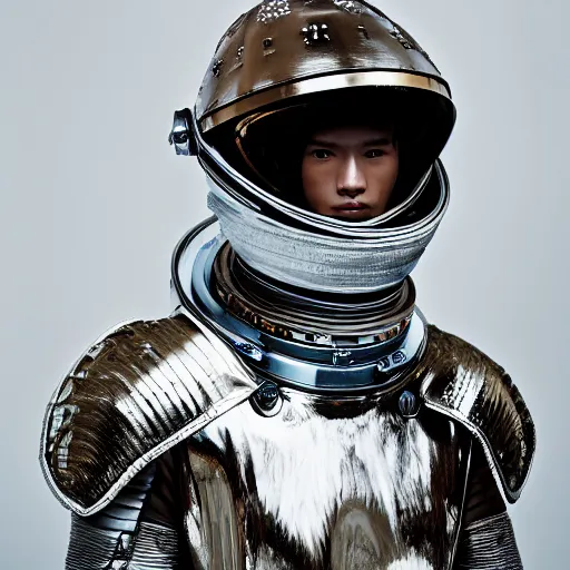 Image similar to a portrait of a beautiful young male wearing an alexander mcqueen armor in the shape of a space suit , photographed by andrew thomas huang, artistic