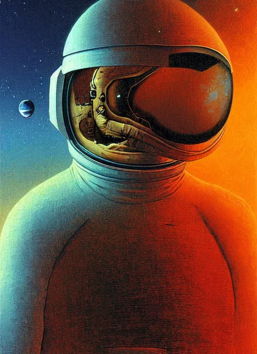 Prompt: digital painting, full body astronaut shark head, transparent helmet in space, beksinski,