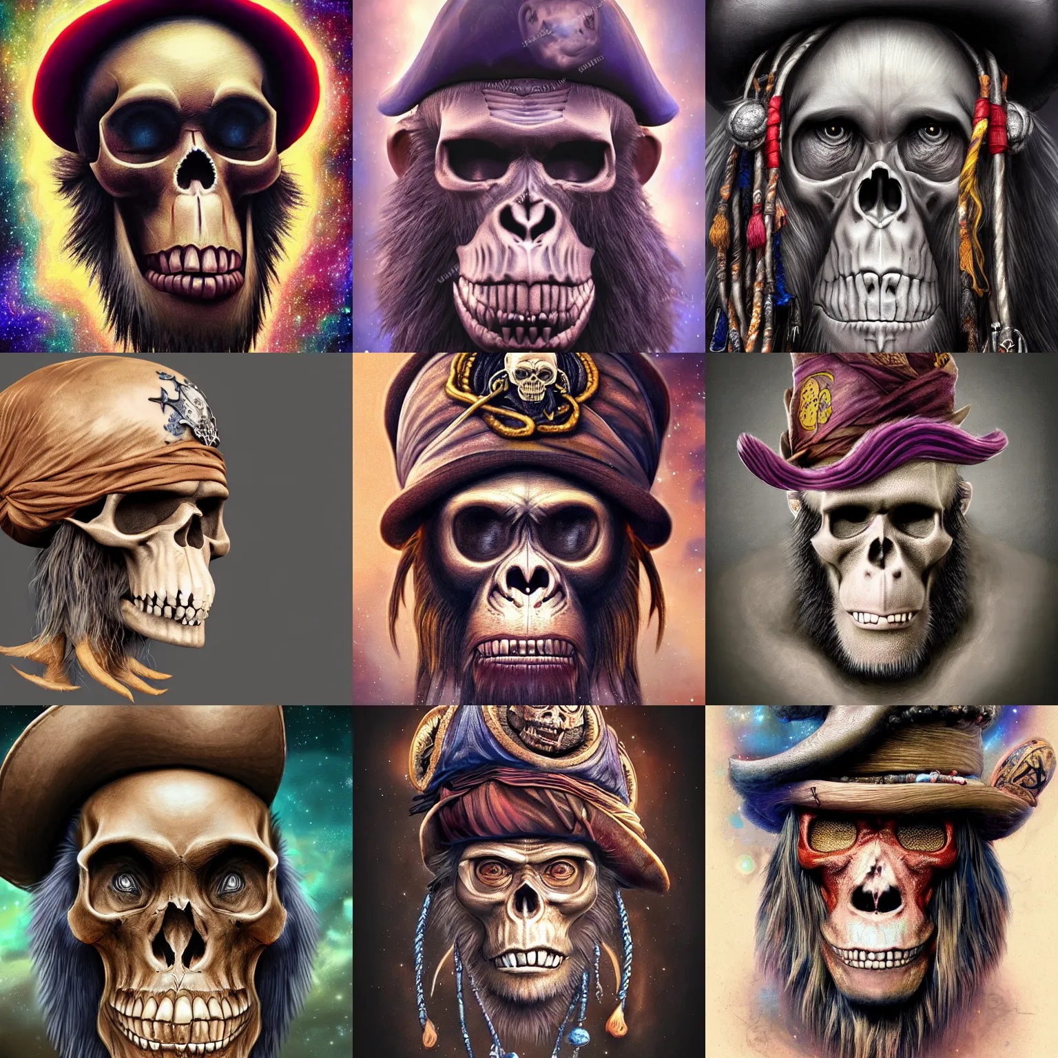 Prompt: a wlop 3 d render of very very very very highly detailed beautiful mystic portrait of a young'ape skull'pirate voodoo in a hat with whirling galaxy around, tattoos by anton pieck, intricate, extremely detailed, digital painting, artstation, concept art, smooth, sharp focus, illustration, intimidating lighting, incredible art,