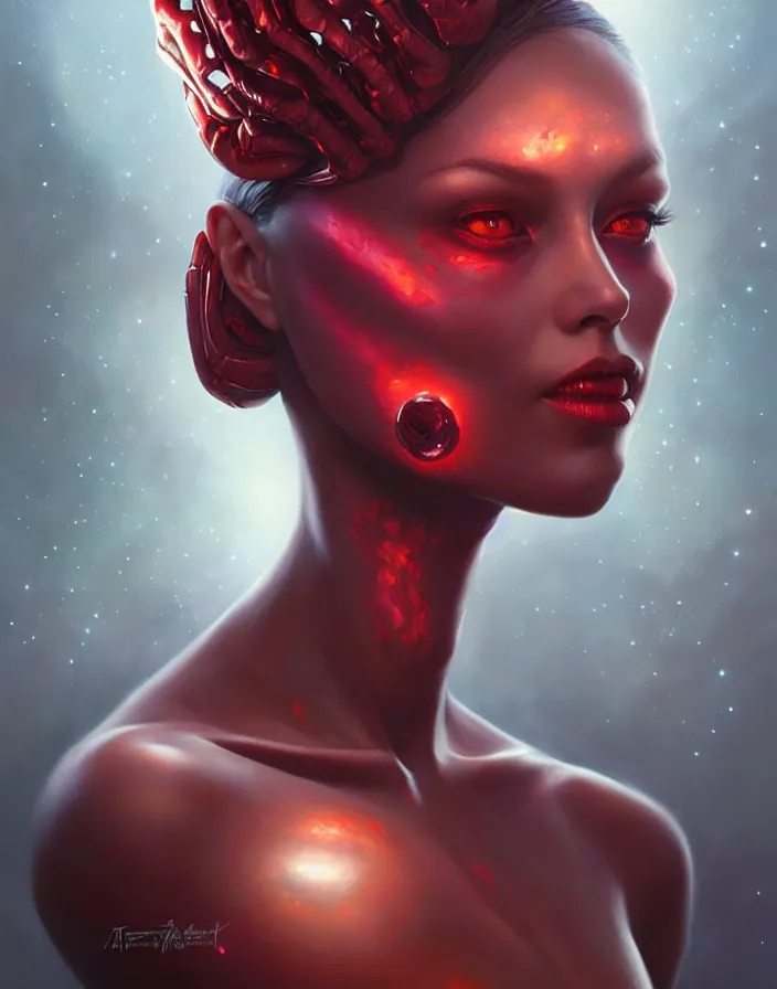 Image similar to a beautiful alien woman with ruby skin, painted by artgerm and tom bagshaw, fantasy art, dramatic lighting, highly detailed oil painting