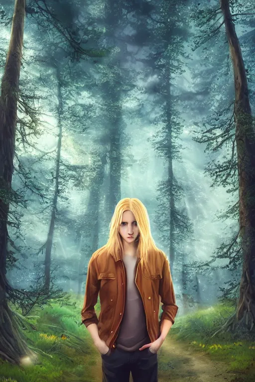 Prompt: pretty young man with long golden blond hair, symmetrical face, demure, slender, lost, trees, detailed forest background, webtoon, breathtaking scenery, colourful, 8 k, graphic novel, digital art trending on artstation, volumetric lighting, octane render, cinematic, hyper detailed, magical atmosphere, magical forest