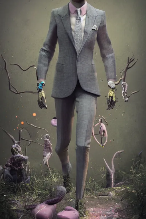 Image similar to a scene with a creature wearing a super detailed muted color diy! suit with fluo details, vivienne westwood!, detailed photoreal render octane render, pointillism, full body