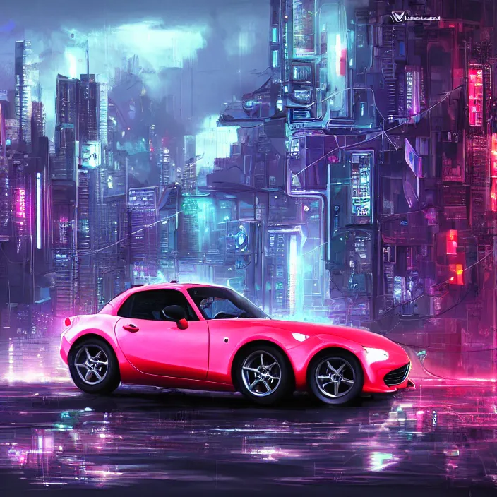 Prompt: a mazda miata in cyberpunk city, cyberpunk futuristic digital art concept