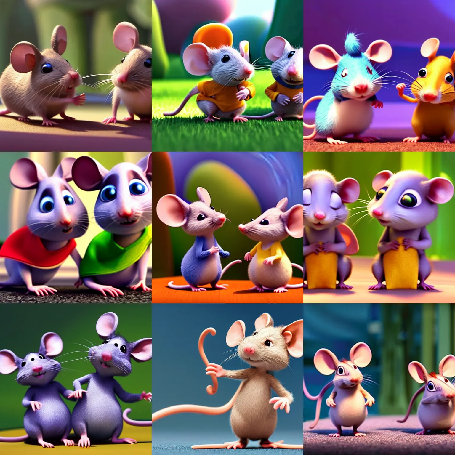 Prompt: a couple of cutest little mice fruitties being friends, pixar, cgi, 4 k, vivid, symmetrical, hyperdetailed