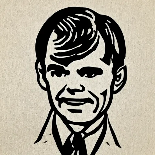 Prompt: die cut sticker individual alan turing silk screen butcher billy style