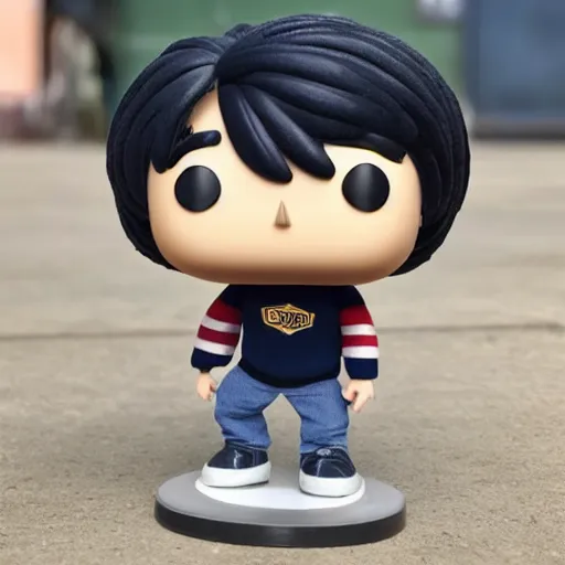 Image similar to a 21 year old skinny white programmer guy with no beard and black hair on top, short on sides, in a navy blue sweater, jeans and grey shoes funko pop close up highly detailed photo