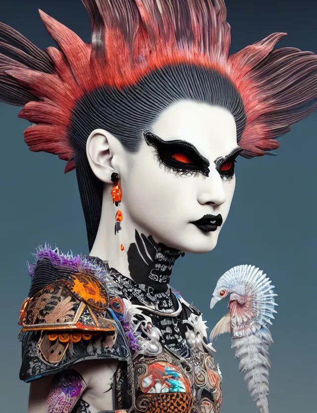 Image similar to 3 d goddess close - up profile portrait punk with mohawk with ram skull. beautiful intricately detailed japanese crow kitsune mask and clasical japanese kimono. betta fish, jellyfish phoenix, bio luminescent, plasma, ice, water, wind, creature, artwork by tooth wu and wlop and beeple and greg rutkowski