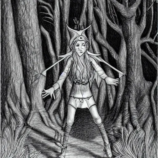 Prompt: a detailed pencil drawing of an elf casting a spell in a forest