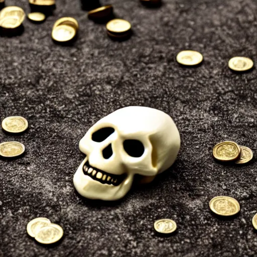 Prompt: burning white skull, dark cave, gold and silver coins on the floor