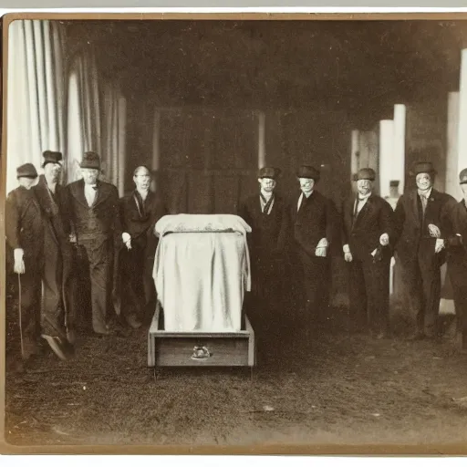 Image similar to cabinet card photo of an open casket funeral