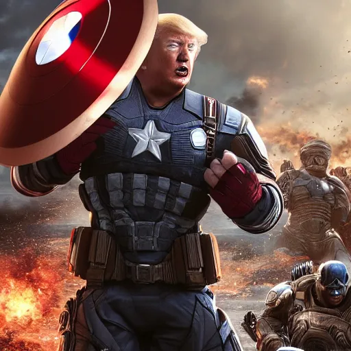 Image similar to Portrait! of President Donald Trump as ((captain america)) in Gears of War, splash art, movie still, cinematic lighting, dramatic, octane render, long lens, shallow depth of field, bokeh, anamorphic lens flare, 8k, hyper detailed, 35mm film grain