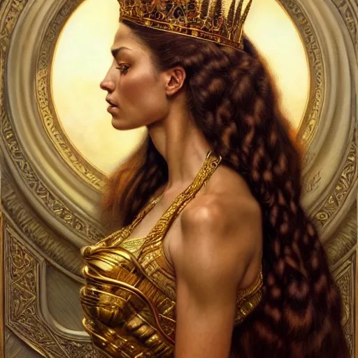 Image similar to highly detailed portrait of a majestic lioness queen in the form of a beautiful woman. d & d. art by donato giancola, eugene delacroix, anna dittmann, alberto vargas. trending on artstation, intricate details, energetic composition, golden ratio, concept art, illustration, elegant art, global illuminaition