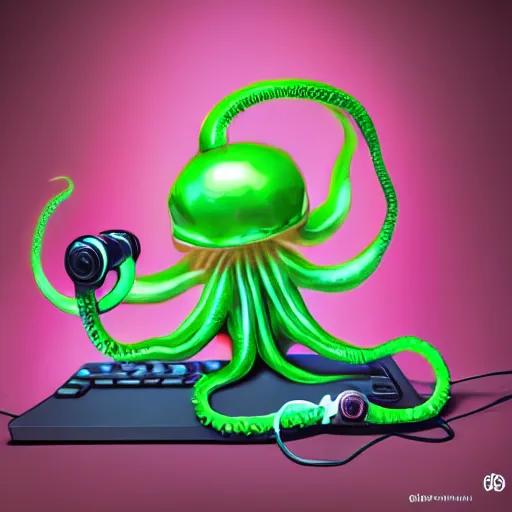 Image similar to an acqua green little octopus playing videogames, with various joypads in his tentacles, he is wearing a pair of headphones, black background, digital drawing, photoshop, high definition, good shading, artstation contest winner, octane render