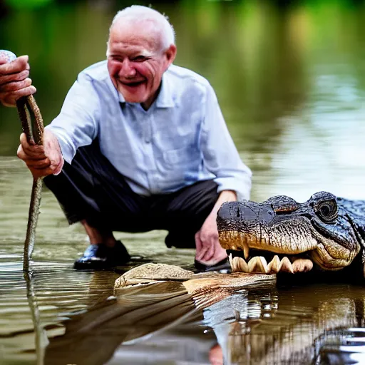 Image similar to elderly man feeding a crocodile, smiling, happy, crocodile, jungle, canon eos r 3, f / 1. 4, iso 2 0 0, 1 / 1 6 0 s, 8 k, raw, unedited, symmetrical balance, wide angle