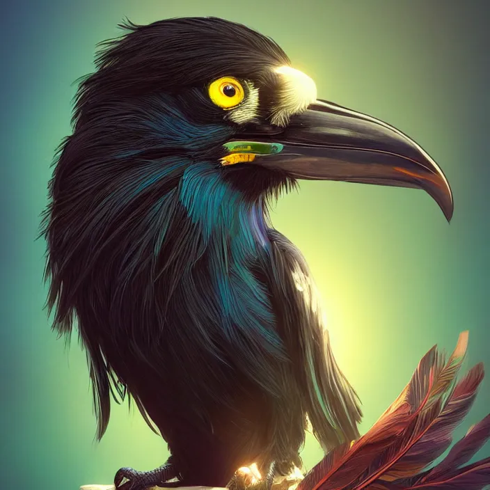 Image similar to beautiful black raven bird with long turqoise feather highlights, cute, intricate, highly detailed, digital painting, trending on artstation, concept art, smooth, sharp focus, backlit, rim light, vivid colors, illustration, unreal engine 5, 8 k, art by rossdraws and alphonse mucha