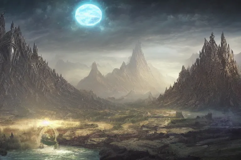 Image similar to the primordial Aztec chaos fantasy landscape by Jessica Rossier and HR Giger