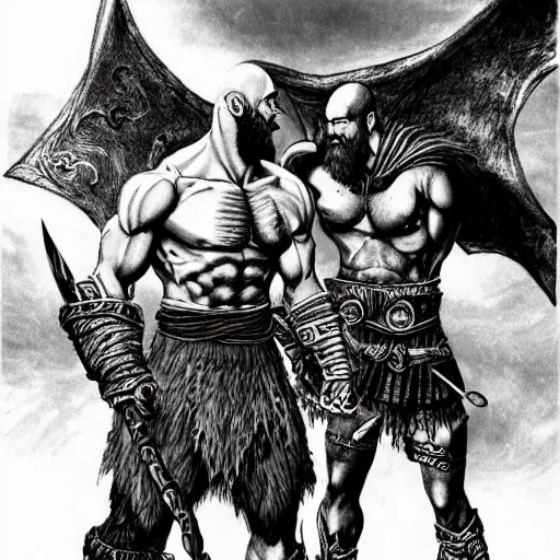 Image similar to god of war, kratos, fight scene still, manga, detailed drawing, featured on pixiv, gothic art, official art, by kentaro miura