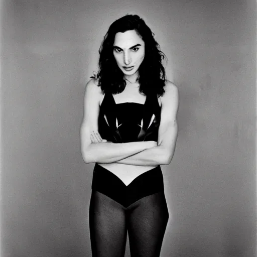 Image similar to photo of Gal Gadot by Diane Arbus, black and white, high contrast, Rolleiflex, 55mm f/4 lens