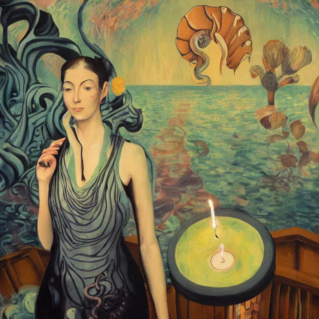 Image similar to tall female artist holding a nautilus in her flooded kitchen, pomegranates, octopus, water gushing from ceiling, painting of flood waters inside an artist's apartment, a river flooding indoors, candles, ikebana, zen, rapids, waterfall, black swans, canoe, berries, acrylic on canvas, surrealist, by magritte and monet