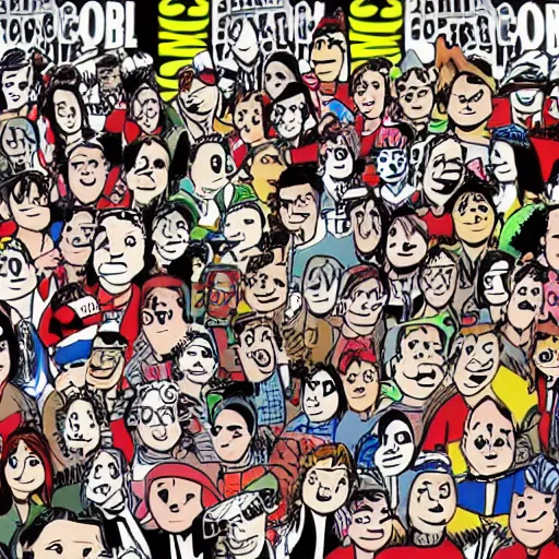 Image similar to cartoon of where's waldo at comic con