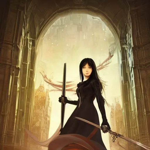 Prompt: portrait of a woman, long black hair, holding sword, in front of a sci fi cityscape, by tetsuya nomura, makoto shinkai, alphonse mucha, detailed, cinematic, wide angle, dark sepia toned shading, luminescent eyes, detailed face, expressive eyes, blue fire everywhere, trending on artstation.