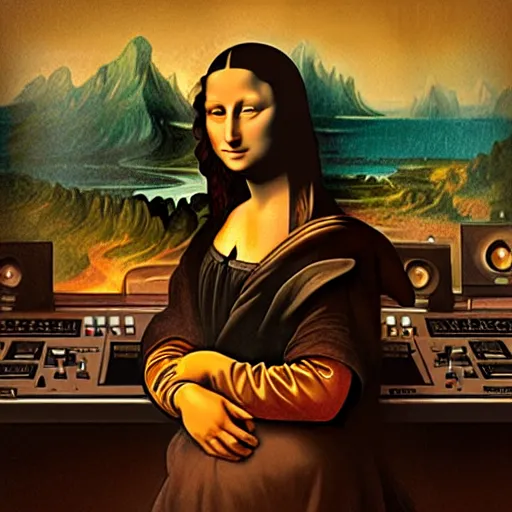 Image similar to Mona Lisa as a DJ behind a mixing deck, highly detailed, digital painting, artstation, concept art, smooth, sharp focus, illustration, art by artgerm and greg rutkowski and alphonse mucha